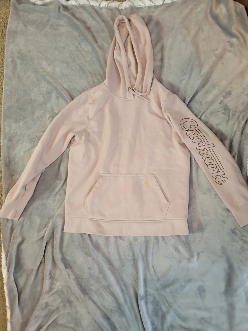 Carhartt Women's Light Pink Hooded Sweatshirt with Script Sleeve Logo